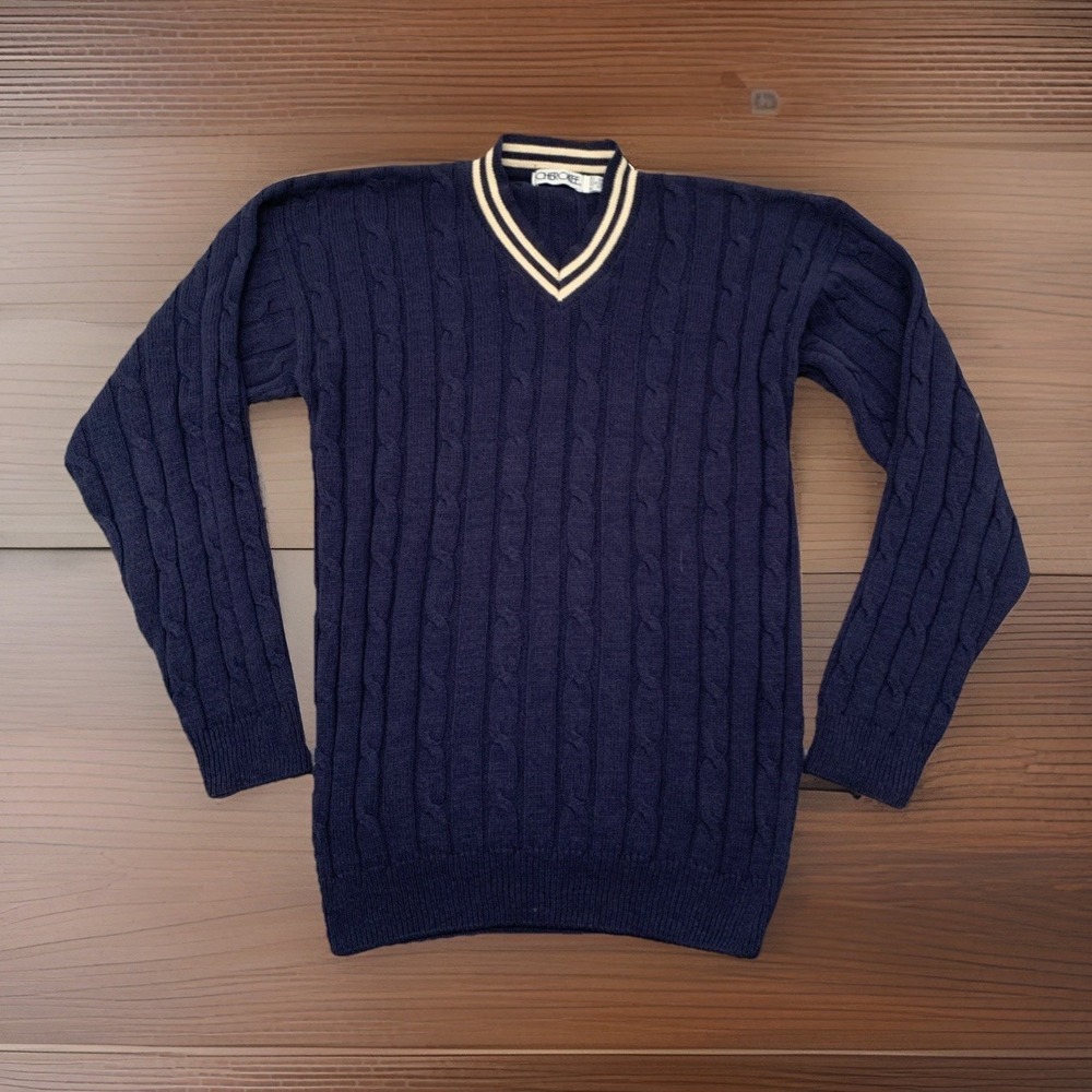Vintage Cherokee Cable Knit Cricket Sweater Mens Medium V-Neck Navy Blue Preppy